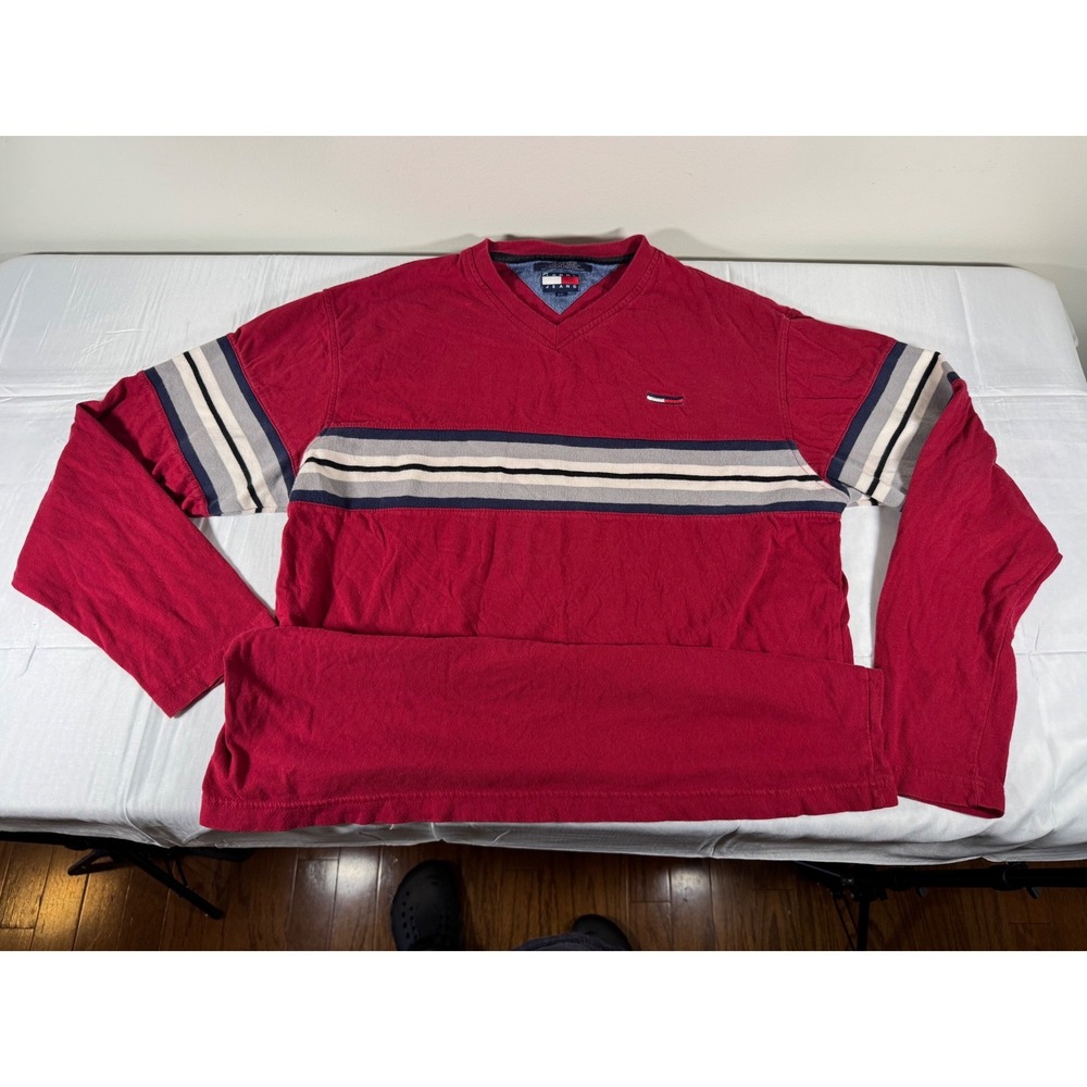 Vintage 90s/Y2K Tommy Jeans Mens XXL Red Striped V-Neck Long Sleeve T-Shirt